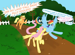 Size: 950x694 | Tagged: safe, artist:cartoonlion, applejack, fluttershy, rainbow dash, earth pony, pegasus, pony, g4, angry, bigotjack, blushing, cowboy hat, exhibitionism, female, fence, fillyfooler, flying, hat, homophobia, implied sex, intolerance, lesbian, mare, out of character, redneck, running, running away, ship:flutterdash, shipping, thrill of being caught, trespassing, trio, y'all