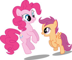 Size: 8000x6693 | Tagged: safe, artist:paranoidpuppiesinc, pinkie pie, scootaloo, earth pony, pegasus, pony, g4, absurd resolution, bipedal, duo, duo female, female, filly, looking at each other, looking down, looking up, mare, simple background, skipping, smiling, transparent background, vector