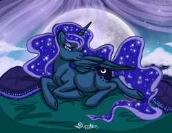 Size: 3300x2550 | Tagged: safe, artist:sapphireiceangel, princess luna, alicorn, pony, g4, bed, bedroom eyes, female, high res, mare, missing accessory, moon, night, pillow, pregnant, prone, sensibly-proportioned pregnancy, smiling, solo, underhoof