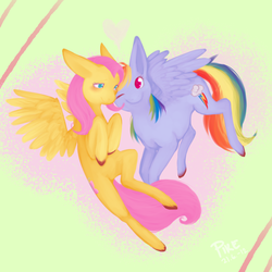 Size: 850x850 | Tagged: safe, artist:piikunen, fluttershy, rainbow dash, pegasus, pony, g4, blushing, female, flying, hooves to the chest, lesbian, mare, nuzzling, one eye closed, ship:flutterdash, shipping, smiling, spread wings, wings