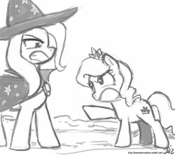 Size: 800x711 | Tagged: safe, artist:johnjoseco, diamond tiara, trixie, earth pony, pony, unicorn, g4, duo, duo female, female, filly, glare, grayscale, mare, monochrome, pointing