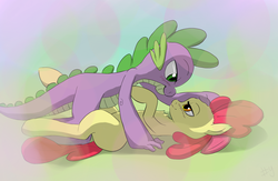 Size: 1299x849 | Tagged: safe, artist:sharpy, apple bloom, spike, dragon, earth pony, pony, g4, abstract background, blushing, chest fluff, eye contact, female, interspecies, looking at each other, male, mare, older, on back, ship:spikebloom, shipping, straight