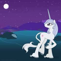 Size: 900x900 | Tagged: dead source, safe, artist:volmise, classical unicorn, pony, unicorn, amalthea, crossover, female, horn, leonine tail, long horn, looking back, mare, moon, night, ponified, raised hoof, slender, solo, tall, the last unicorn, thin, unshorn fetlocks