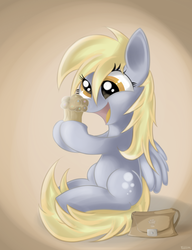 Size: 1345x1750 | Tagged: safe, artist:teknibaal, derpy hooves, pegasus, pony, g4, bag, female, food, gradient background, happy, hoof hold, mare, muffin, open mouth, sitting, smiling, solo