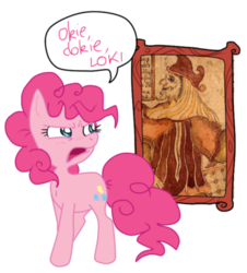 Size: 400x442 | Tagged: safe, artist:rannarbananar, pinkie pie, earth pony, pony, g4, ew gay, female, loki, mare, okie doki loki, pun, simple background, solo, transparent background, visual pun