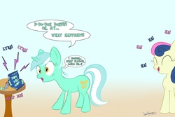 Size: 1500x1000 | Tagged: safe, artist:dashboom, bon bon, lyra heartstrings, sweetie drops, earth pony, pony, unicorn, g4, amused, bon bon is amused, candy, duo, female, gradient background, laughing, mare, prank