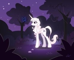 Size: 1361x1099 | Tagged: safe, artist:shockowaffel, butterfly, pony, unicorn, amalthea, female, horn, long horn, mare, night, ponified, slender, solo, tall, the blue butterfly, the last unicorn, thin
