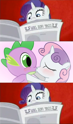 Size: 473x807 | Tagged: safe, edit, edited screencap, screencap, rarity, spike, sweetie belle, dragon, pony, unicorn, g4, ponyville confidential, blushing, female, filly, i'll destroy her, kiss on the lips, kissing, male, mare, meme, newspaper, ship:spikebelle, shipping, straight, written equestrian