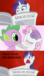 Size: 473x807 | Tagged: safe, edit, edited screencap, screencap, rarity, spike, sweetie belle, dragon, pony, unicorn, g4, ponyville confidential, caption, female, filly, i must plan the wedding, i'll destroy her, image macro, kiss on the lips, kissing, male, mare, meme, newspaper, open mouth, ponibooru leftovers, ship:spikebelle, shipper on deck, shipperity, shipping, straight, subverted meme, written equestrian