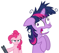 Size: 962x861 | Tagged: safe, pinkie pie, twilight sparkle, earth pony, pony, unicorn, g4, duo, duo female, female, floppy ears, frown, glare, grin, gritted teeth, hoof hold, insanity, mare, simple background, smiling, stun gun, taser, transparent background, twilight snapple, unicorn twilight, wide eyes