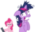 Size: 962x861 | Tagged: safe, pinkie pie, twilight sparkle, earth pony, pony, unicorn, g4, duo, duo female, female, floppy ears, frown, glare, grin, gritted teeth, hoof hold, insanity, mare, simple background, smiling, stun gun, taser, transparent background, twilight snapple, unicorn twilight, wide eyes