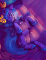 Size: 541x700 | Tagged: safe, artist:lillium, princess luna, alicorn, pony, g4, bed, belly, cute, female, flower, imminent belly rub, mare, night, on back, s1 luna, solo
