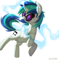 Size: 3507x3541 | Tagged: safe, artist:purmu, dj pon-3, vinyl scratch, pony, unicorn, g4, curved horn, female, glasses, horn, magic, mare, red eyes, solo, wrong eye color