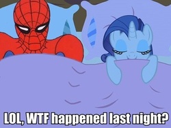Size: 500x376 | Tagged: safe, rarity, pony, unicorn, g4, 60s spider-man, bed, female, male, mare, pillow, smiling, spider-man