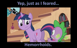 Size: 1440x900 | Tagged: safe, edit, edited screencap, screencap, spike, twilight sparkle, dragon, pony, unicorn, g4, butt, caption, duo, examination, female, golden oaks library, hemorrhoids, looking back, male, mare, plot, text, wat