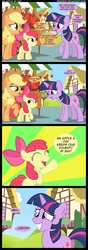 Size: 900x2557 | Tagged: dead source, safe, artist:veggie55, apple bloom, applejack, twilight sparkle, earth pony, pony, unicorn, g4, apple stand, comic, female, filly, mare, slogan, unicorn twilight