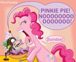 Size: 812x662 | Tagged: dead source, source needed, useless source url, safe, artist:meanmotorscooter, artist:moominded, pinkie pie, spike, dragon, earth pony, pony, g4, bowl, cherry, dialogue, female, food, gradient background, imminent vore, male, mare, open mouth, pinkie pred, rip spike, ship:pinkiespike, shipping, spikeprey, straight, tongue out, whipped cream