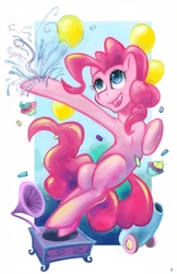 Size: 698x1080 | Tagged: safe, artist:halley-valentine, pinkie pie, earth pony, pony, g4, balloon, confetti, cupcake, female, gramophone, jumping, mare, open mouth, party cannon, record player, smiling, solo