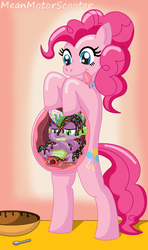 Size: 506x856 | Tagged: safe, artist:meanmotorscooter, artist:moominded, pinkie pie, spike, dragon, earth pony, pony, g4, belly, bipedal, eaten alive, female, femdom, internal, licking, licking lips, male, malesub, mare, pinkie pred, pinkiedom, ship:pinkiespike, shipping, spikeprey, spikesub, straight, submissive, tongue out, vore, x-ray