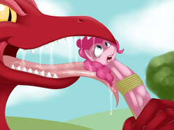 Size: 900x675 | Tagged: dead source, safe, artist:kloudmutt, basil, pinkie pie, dragon, earth pony, pony, g4, basilpie, bondage, dragons eating horses, drool, female, femsub, fetish, head first, imminent vore, kitchen eyes, male, maledom, mare, pinkie prey, shipping, straight, submissive, vore