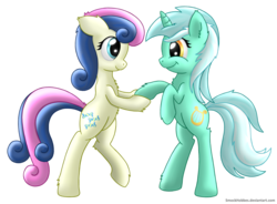 Size: 1500x1105 | Tagged: safe, artist:smockhobbes, bon bon, lyra heartstrings, sweetie drops, earth pony, pony, unicorn, g4, bipedal, eye contact, female, fluffy, holding hooves, lesbian, looking at each other, mare, ship:lyrabon, shipping, simple background, smiling, transparent background