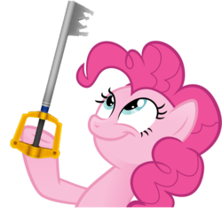 Size: 990x960 | Tagged: safe, pinkie pie, earth pony, pony, g4, disney, female, keyblade, kingdom hearts, look what pinkie found, mare, meme, simple background, smiling, solo, transparent background