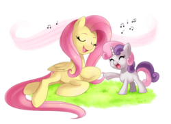 Size: 700x506 | Tagged: dead source, safe, artist:jiayi, fluttershy, sweetie belle, pegasus, pony, unicorn, g4, cute, diasweetes, eyes closed, female, filly, grass, mare, shyabetes, simple background, singing, smiling, transparent background