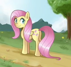 Size: 631x598 | Tagged: safe, artist:sallymon, fluttershy, pegasus, pony, g4, butt, female, flutterbutt, looking back, mare, plot, smiling, solo, tree