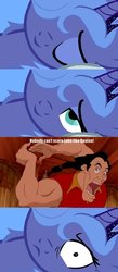 Size: 680x1558 | Tagged: safe, princess luna, alicorn, human, pony, g4, beauty and the beast, bed meme, exploitable meme, female, gaston legume, human male, male, mare, meme, morning after, s1 luna, waking up