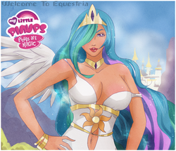 Size: 1089x935 | Tagged: safe, artist:songoftheshoebox, princess celestia, human, breasts, busty princess celestia, cleavage, clothes, female, hair over one eye, humanized, looking at you, off shoulder, pinup, solo