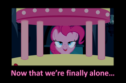 Size: 1635x1079 | Tagged: safe, pinkie pie, earth pony, pony, g4, bedroom eyes, cake, caption, eyes on the prize, female, looking at you, mare, solo