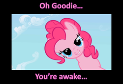 Size: 1578x1078 | Tagged: safe, edit, edited screencap, screencap, pinkie pie, earth pony, pony, g4, season 1, the ticket master, bedroom eyes, caption, female, looking at you, mare, rapeface, solo