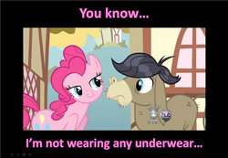 Size: 1556x1076 | Tagged: safe, edit, edited screencap, screencap, cranky doodle donkey, pinkie pie, donkey, earth pony, pony, a friend in deed, g4, season 2, bedroom eyes, clothes, female, flirting, hub logo, male, mare, ponyville, seduction, seductive, underwear, we don't normally wear clothes
