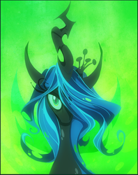 Size: 900x1139 | Tagged: safe, artist:oneeyedrobot, queen chrysalis, changeling, changeling queen, g4, bust, crown, female, hair over one eye, jewelry, looking at you, portrait, regalia, solo