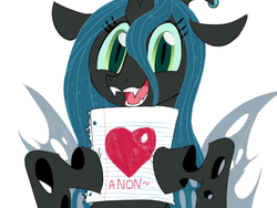 Size: 800x600 | Tagged: safe, artist:sunibee, queen chrysalis, changeling, changeling queen, g4, bronybait, cute, cutealis, dexterous hooves, female, heart, looking at you, paper, simple background, smiling, solo, white background