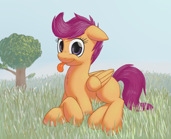 Size: 1474x1200 | Tagged: safe, artist:lurarin, scootaloo, pegasus, pony, g4, female, filly, floppy ears, grass, prone, smiling, solo, tongue out