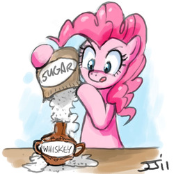 Size: 700x700 | Tagged: safe, artist:johnjoseco, pinkie pie, earth pony, pony, g4, alcohol, bipedal, eyes on the prize, female, gradient background, mare, solo, sugar (food), tongue out, whiskey