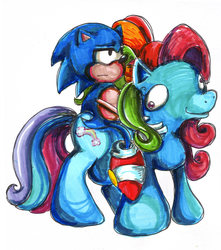 Size: 600x679 | Tagged: dead source, safe, artist:hayhedgehoghay, rainbow dash (g3), pony, g3, g3.5, crossover, derp, duo, female, male, mare, riding, sonic riding rainbow dash, sonic the hedgehog, sonic the hedgehog (series)
