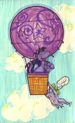 Size: 677x1106 | Tagged: safe, artist:hayhedgehoghay, spike, twilight sparkle, dragon, pony, unicorn, g4, balloon, cloud, duo, female, hanging, hot air balloon, male, mare, sky, traditional art, twinkling balloon