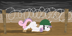 Size: 1000x500 | Tagged: artist needed, source needed, safe, sweetie belle, pony, unicorn, g4, barbed wire, face down ass up, female, filly, helmet, mud, overcast, sandbag, scootie belle, solo