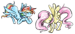 Size: 1406x640 | Tagged: safe, artist:hayhedgehoghay, fluttershy, rainbow dash, pegasus, pony, g4, duo, duo female, female, flying, grin, looking down, mare, no pupils, simple background, smiling, transparent background