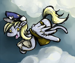 Size: 714x600 | Tagged: dead source, safe, artist:hayhedgehoghay, derpy hooves, pegasus, pony, g4, colored pupils, female, flying, hat, mail, mailbag, mare, package, solo