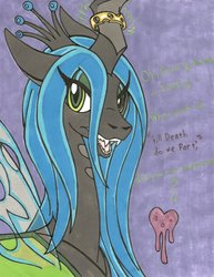 Size: 989x1280 | Tagged: source needed, safe, artist:anubislaughed, queen chrysalis, changeling, changeling queen, g4, female, heart, horn, horn ring, solo, traditional art