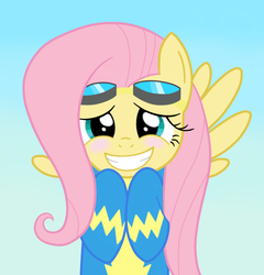 Size: 657x683 | Tagged: safe, artist:fluttershyfree, fluttershy, pegasus, pony, g4, blushing, female, goggles, gradient background, hooves to the chest, looking at you, mare, smiling, solo, wonderbolts uniform, wondershy