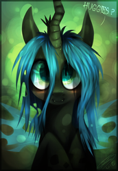 Size: 813x1183 | Tagged: safe, artist:imalou, queen chrysalis, changeling, changeling queen, nymph, g4, abstract background, blushing, cute, cutealis, dialogue, fangs, female, looking at you, smiling, solo