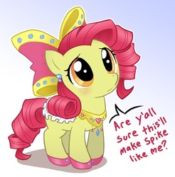 Size: 573x583 | Tagged: dead source, safe, artist:pimmy, apple bloom, earth pony, pony, g4, adorabloom, alternate hairstyle, blushing, bow, clothes, curly hair, cute, dialogue, dress, earring, fanfic, female, filly, foal, frown, gradient background, hair bow, implied shipping, implied spike, implied spikebloom, implied straight, jewelry, regalia, saddle, shoes, solo, worried, y'all