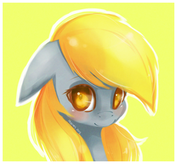 Size: 1000x924 | Tagged: safe, artist:derpiihooves, derpy hooves, pegasus, pony, g4, bust, colored pupils, cute, derpabetes, female, floppy ears, looking at you, mare, portrait, simple background, smiling, solo, yellow background