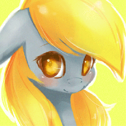 Size: 400x400 | Tagged: safe, artist:derpiihooves, derpy hooves, pegasus, pony, g4, animated, blinking, bust, colored pupils, cute, derpabetes, female, floppy ears, gif, looking at you, mare, portrait, simple background, smiling, solo, yellow background