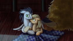 Size: 1600x900 | Tagged: safe, artist:iraecoal, applejack, soarin', earth pony, pegasus, pony, g4, blanket, female, floppy ears, haystack, male, mare, prone, sad, ship:soarinjack, shipping, stallion, straight