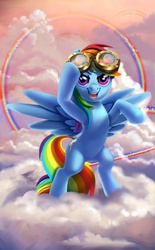 Size: 743x1200 | Tagged: safe, artist:mew, rainbow dash, pegasus, pony, g4, bipedal, cloud, cloudy, female, goggles, grin, looking at you, mare, rainbow, rearing, smiling, solo